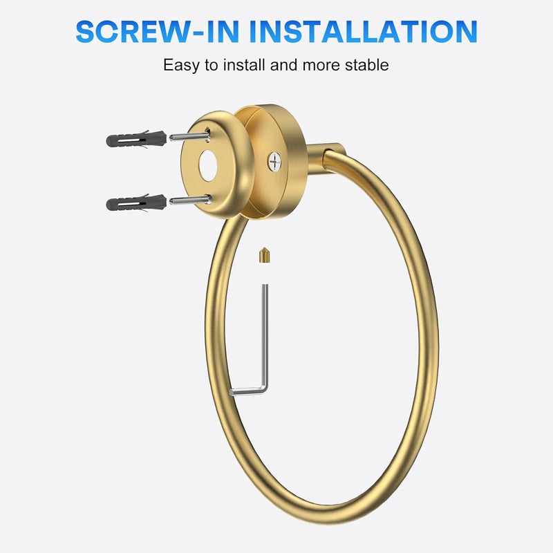 EZKEY Hand Towel Holder Screw-in Gold Towel Ring for Bathroom Wall Stainless Steel Towel Hanger Round Towel Racks for Bathroom Decor and Accessories, 2 Packs - Image 4